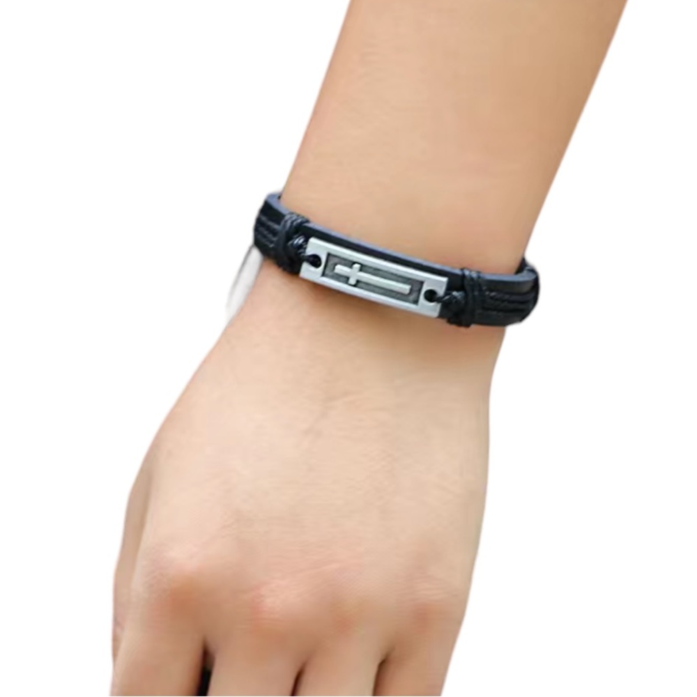 Brown Leather Cross Panel Adjustable Bracelet - image 2